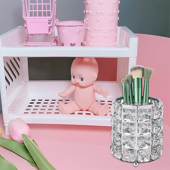 LUEXBOX 4 PCS Crystal Makeup Brush Holder, Bling Makeup Tools Organizer, Round Cosmetics Brush Storage Container for Table, Dresser, Bathroom, Bedroom Organization (Silver)
