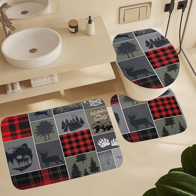 Cabin Rustic Bear Deer Shower Curtain Sets with Rugs 4 Piece Accessories Bathroom Curtains Shower Set Include Shower Curtain Non-Slip Rug Toilet Lid Cover Bath Mat One Size