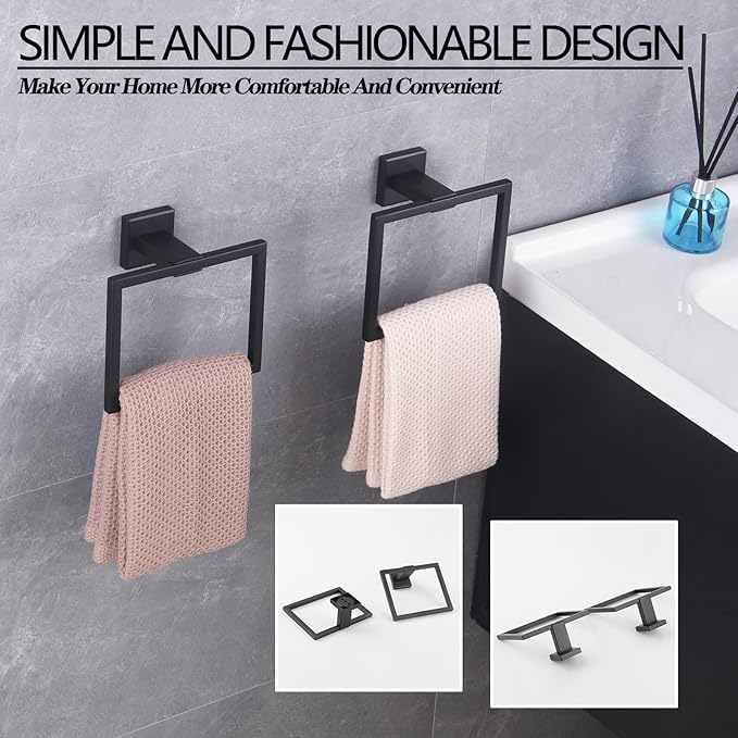 GERZWY Matte Black Bath Towel Ring Bathroom Towel Holder Towel Rack Wall Mounted Stainless Steel Contemporary Style JG1916-2BK