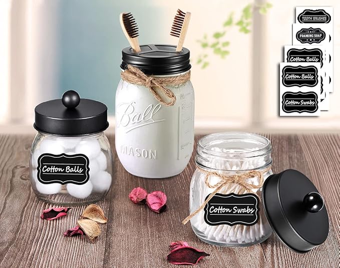 Mason Jar Bathroom Accessories Set(4pcs)- Jars Not Included - Foaming Soap Dispenser,Toothbrush Holder, and Apothecary Storage Jars Lids -Rustic Farmhouse Decor,Black