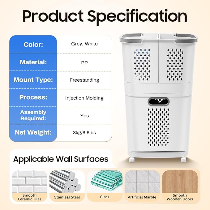 2-Tier Rolling Laundry Hampers, Space-Saving Removable Clothes Hamper Organizer, Modern Grey/White Rolling Storage Cart for Bedroom, Laundry Room, Bathroom