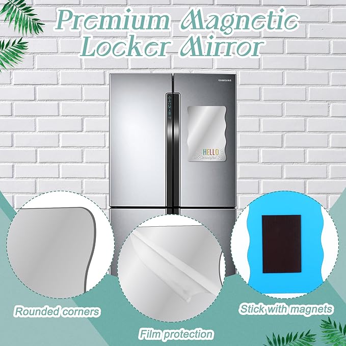 Sintuff 4 Pcs Hello Beautiful Magnetic Locker Mirror Cute Stylish Locker Decor Cabinet Magnetized Mirror Girls Makeup Mirror Shatterproof Wall Mirror for School Office Bathroom, 4.72 x 6.69 Inch
