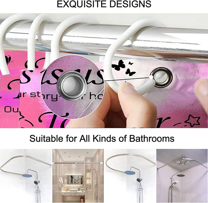 Lnond 4Pcs Bathroom Shower Curtain Sets with Rugs, Pink Motivational Home Family Bathroom Sets with Shower Curtain and Rugs and Accessories
