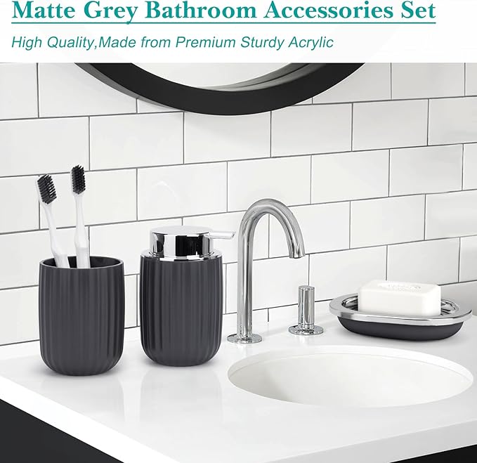 Boperzi Bathroom Accessories Set Complete: 8pc Bathroom Accessory Set with Trash Can 2pc for Floor/Counter, Toilet Brush, Soap Dispenser, Toothbrush Holder, Adhesive Hook, Grey Modern Bathroom Set