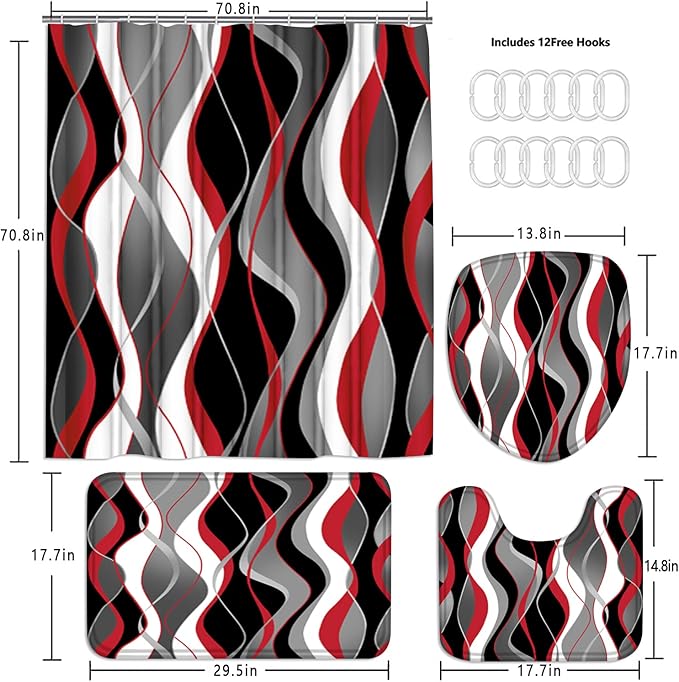 Nkzply 4 Pcs Red and Black Shower Curtain Set Grey and White Bathroom Sets with Shower Curtain and Rugs Modern Striped Bathroom Decor Accessories Shower Curtains for Bathroom Toilet Lid Cover Hooks
