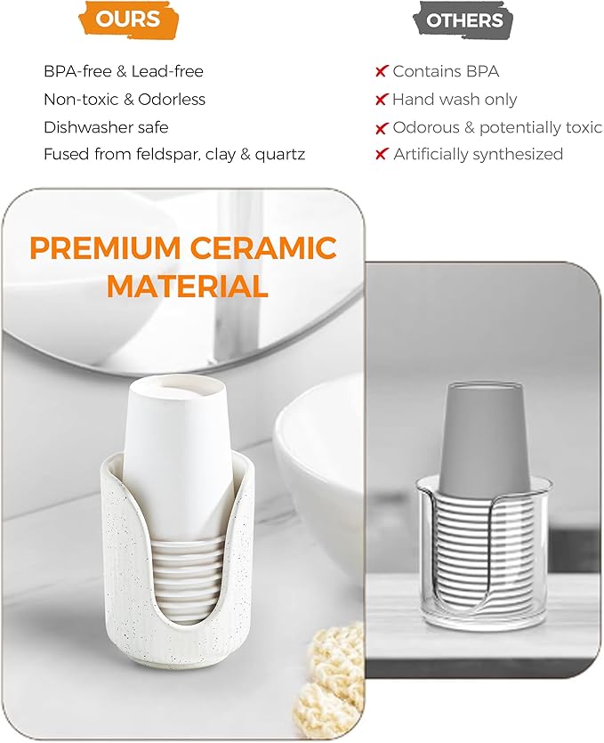 ABRUTY Bathroom Cup Dispenser, 3oz-4oz Ceramic Paper Cup Holder, Small Countertop Mouthwash Dixie Cups Accessories, for Vanity Countertops, Bathroom, Kitchen, and Dining Room, Sand
