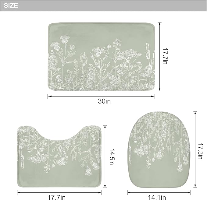 Riyidecor Sage Green Floral Wildflower 4Pcs Bathroom Shower Curtain Sets Vintage Botanical Leaves Bathroom Decor Set with Rugs and Accessories Rustic Toilet Lid Rug, Contour and Bath Mat with 12 Hooks