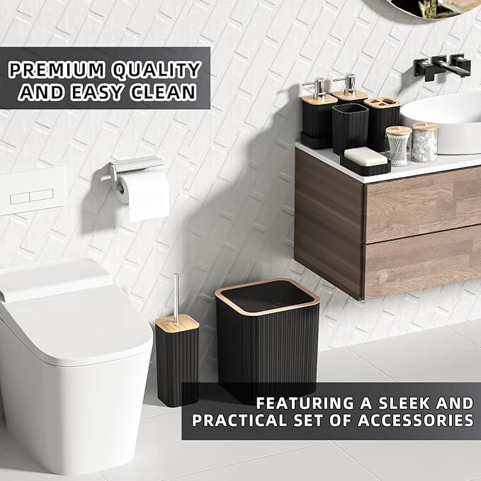 XLHOMO Bathroom Accessories Set - Elegant Black Bathroom Set, 10PC Bathroom Accessory Set, Toilet Brush, Trash Can, Qtip Holder Dispenser & Soap Dispenser