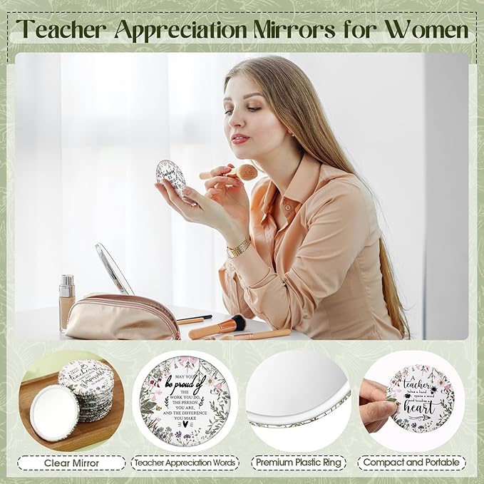 Geelin 20 Pcs Teacher Appreciation Gifts Bulk Mini Compact Makeup Mirrors Gift for Teacher Appreciation Week Graduation Team Group(Wildflowers Bottom)