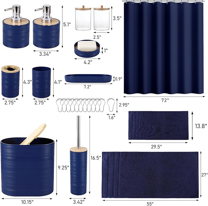 XLHOMO Navy Blue Bathroom Set, Bathroom Accessories Set with Shower Curtain, Bath Towel Set, Blue Shower Curtain Set with Bathroom Trash Can, Soap Dispenser, Soap Dish for Home Decor