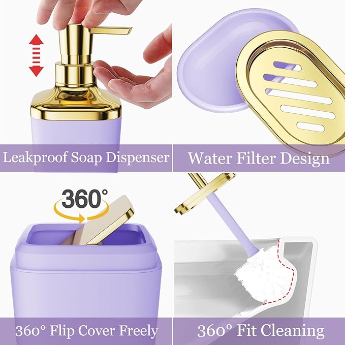XLHOMO Purple Bathroom Accessories, Bathroom Sets with Stripe Shower Curtain, Purple and Gold Bathroom Accessories Set with Trash Can, Soap Dispenser, Soap Dish, Qtip Holders for Bathroom