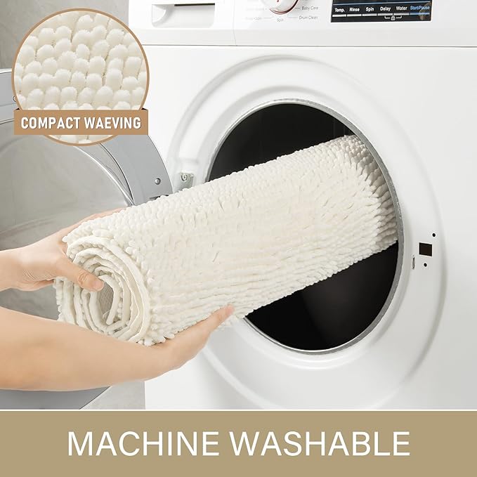 LOCHAS Luxury Bathroom Rug Shaggy Bath Mat 24 x 36 Inch, Washable Non Slip Bath Rugs for Bathroom Shower, Soft Plush Chenille Absorbent Carpets Mats, Cream White