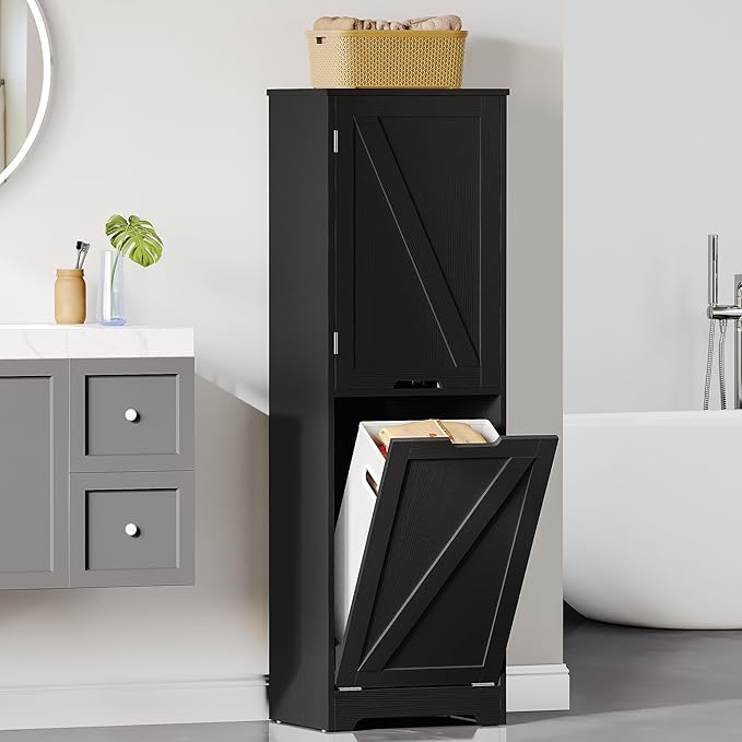 YITAHOME 53" Tall Bathroom Storage Cabinet, Tilt Out Laundry Hamper Cabinet Freestanding Storage Cabinet with Basket Hidden Laundry Hamper, Black