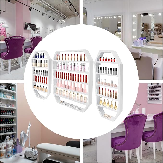 Wall-Mounted Nail Polish Rack, Set of 3 Octagonal White Nail Polish Shelf Lipstick Perfume Cosmetic Display Shelf for Home Spa Nail Salon Shop