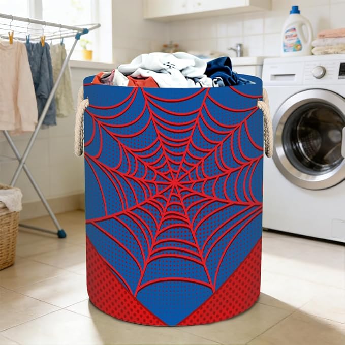 Blue Spider Web Laundry Hamper - 58L Collapsible Waterproof Large Tall Nursery Storage Baskets Bin for Kids Toys, Clothes, Bathroom, Boys Bedroom Comic Hero Decor, Gift Basket