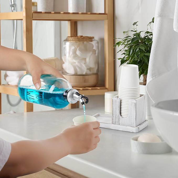 Glass Mouthwash Dispenser for Bathroom, 16 OZ Mouthwash Dispenser with Pour Spout and White Washed Wood Cup Holder and Tray, Mouth Wash Bottle Container, Rustic Kitchen Bathroom Decor and Accessories