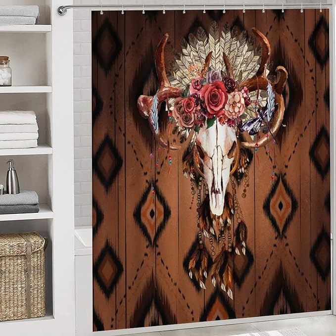 West Country Deer Skull 4 Piece Shower Curtain Sets, Non-Slip Rugs, Toilet Lid Cover and Bath Mat, Durable and Waterproof, for Bathroom Decor Set One Size