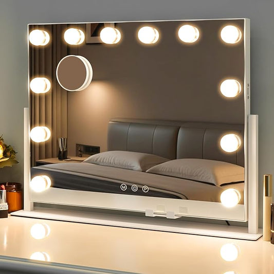 Vanity Mirror with Lights, Hollywood Lighted Makeup Mirror with 12 Dimmable LED Bulbs for Dressing Room & Bedroom, 3 Light Modes，Slim Metal Frame Design, AC-Powered, White