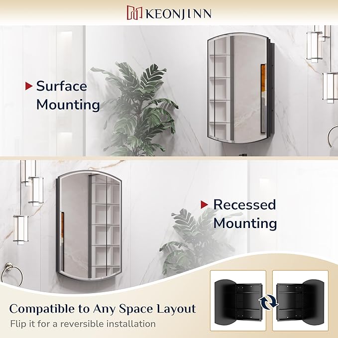 Keonjinn Black Medicine Cabinet with Mirror 20” x 30”, Metal Framed Wall Cabinet with Beveled Mirror, Surface Mount or Recessed Arched Medicine Cabinet for Bathroom,Bathroom Mirror with Storage