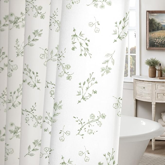 Sage Green Floral Farmhouse Vintage Cotton Shower Curtain, French Country Shower Curtains for Bathroom, 72Wx72H