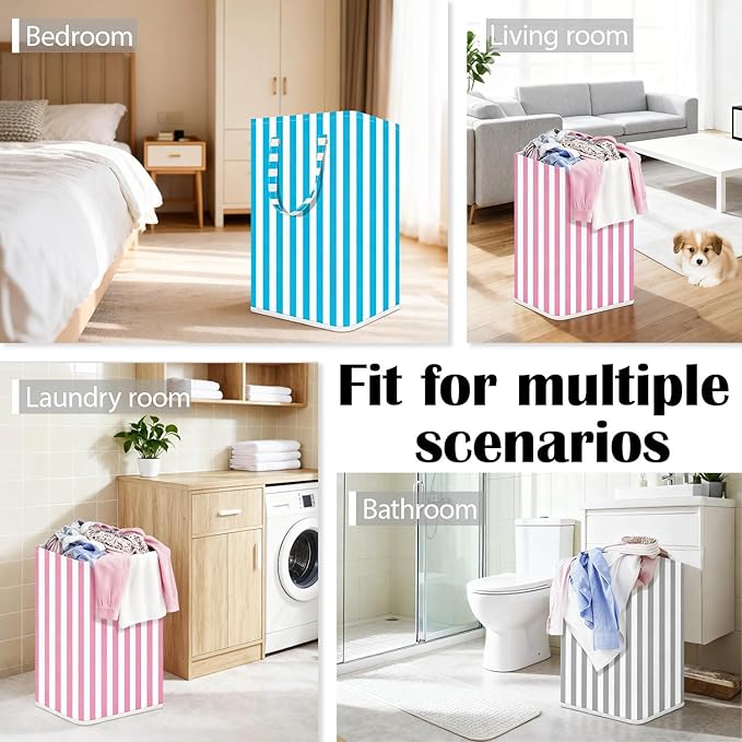 Large Laundry Basket ，75L Waterproof,Collapsible Laundry Hamper with Extended Handles for Clothes in the Family Dorm (Vertical Stripe Black，Blue，Grey，Pink)