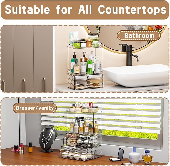 3 Pack Bathroom Organizers and Storage Countertop With 7 Drawers,Stackable Vanity Top Organizer,18.9" Tall Large Capacity Skin Care Organizer and Exquisite Makeup Storage for Beauty Products,Clear