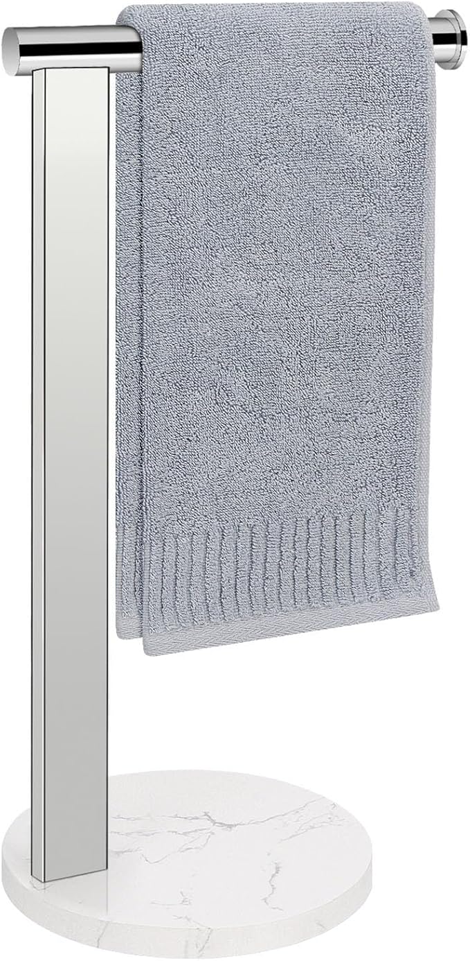 Hand Towel Holder Stand for Bathroom, L- Shaped Standing Hand Towel Rack, Towel Bar Kitchen Vanity Countertop Organizer, SUS304 Stainless Steel Material (Marble Base, Chrome)
