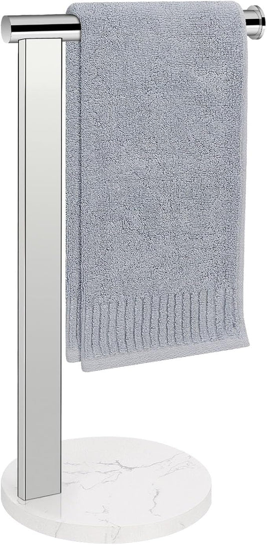 Hand Towel Holder Stand for Bathroom, L- Shaped Standing Hand Towel Rack, Towel Bar Kitchen Vanity Countertop Organizer, SUS304 Stainless Steel Material (Marble Base, Chrome)
