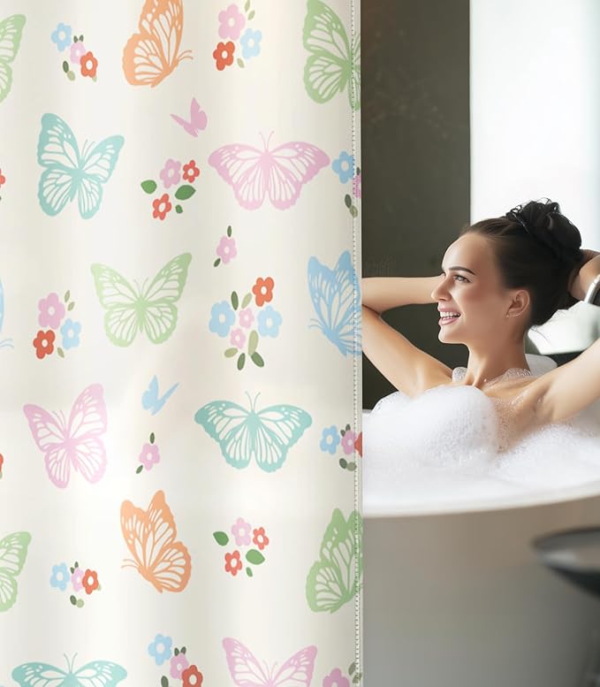 MAMUSE Shower Curtain for Bathroom - Cute Aesthetic Decorative Modern Girly Unique Girls Design Pretty Women Waterproof Fabric Cloth Cortinas de Baño Bathtub 72 x 72 Inch, Fresh Butterfly