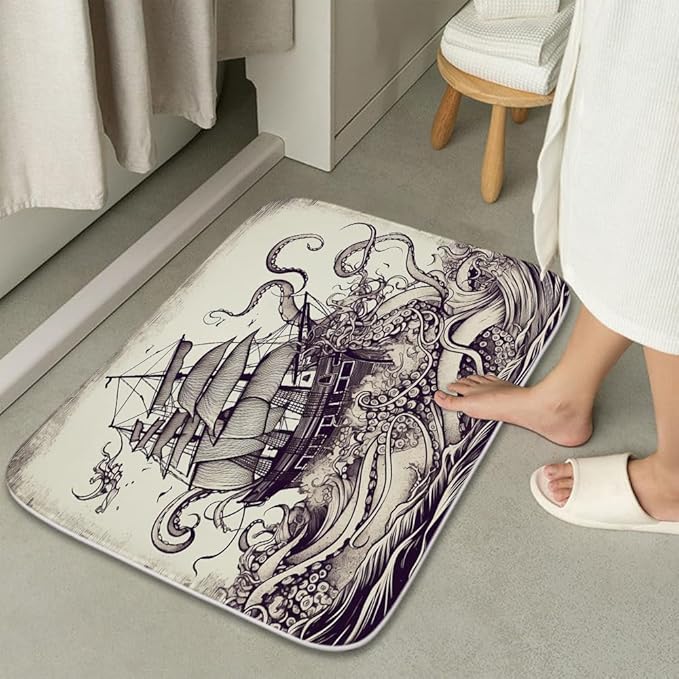 Nautical Octopus Ocean Sailboat Bathroom Sets with Shower Curtain and 20 x 31 Rugs Bathroom Ocean Accessories Sets Decor with Bath Rug, Bath Mat, U-Shaped Contour and Hooks 72 x 72 Inch Purple