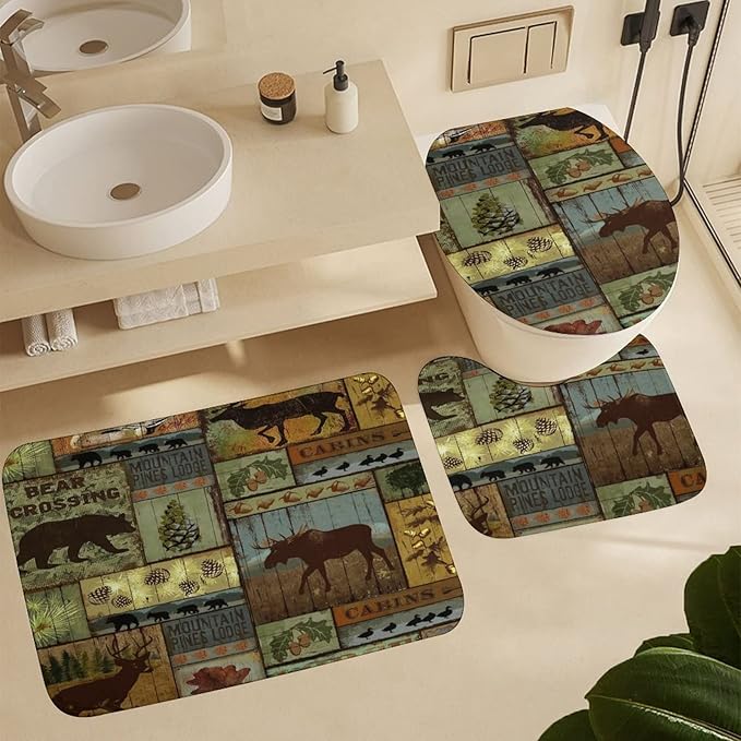 Retro Rustic Style Shower Curtain Sets with Rugs 4 Piece Accessories Bathroom Curtains Shower Set Include Shower Curtain Non-Slip Rug Toilet Lid Cover Bath Mat One Size