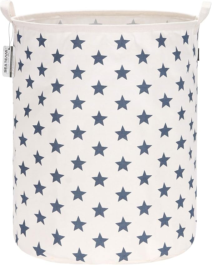 Sea Team 19.7 Inches Large Sized Waterproof Coating Ramie Cotton Fabric Folding Laundry Hamper Bucket Cylindric Burlap Canvas Storage Basket (19.7", Navy Blue Star)