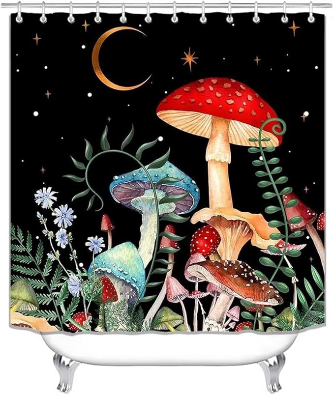 jieprom 4PCS Black Night Mushroom Shower Curtain Bathroom Set with Rugs,Toilet Lid Cover and Bath Mat, Shower Curtain with 12 Hooks, Durable Waterproof Bathroom Decor Set
