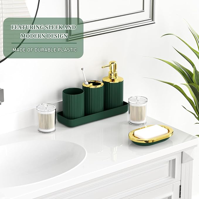 Green and Gold Bathroom Accessories, Bathroom Sets with Shower Curtain and Rugs, Bath Rugs Accessory Set with Bathroom Trash Can, Soap Dispenser, Soap Dish for Home Decor