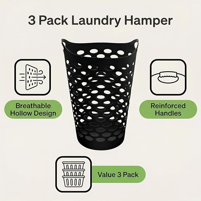 (3-PACK) Portable Round Plastic Laundry Basket, With a Capacity of 2.2 Bushels, Equipped with Handles, Easy to Clean, Suitable for Homes, Dormitories, Bathrooms and Laundry Rooms