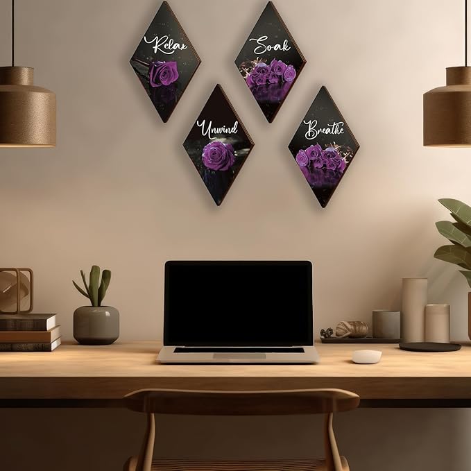 ONIZHITY Set of 4 Purple Bathroom Decor Rose Wooden Wall Decor Flower Rustic Romantic Floral Farmhouse Wall Decor Breathe Soak Unwind Relax Sign Purple Decor for Room Bedroom Bathroom (purple 12 x 7)