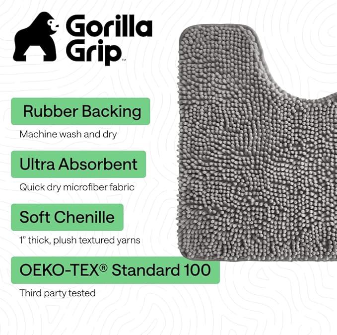 GORILLA GRIP Plush Absorbent Shaggy Chenille Bath Rug Mat for Oval Toilet Base with Rubber Backing, Machine Washable Rugs, Soft Microfiber Contour Mats for Toilets, Quick Dry, Bathroom Decor, Grey