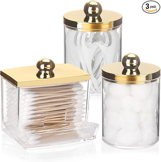 Tbestmax 10oz Cotton Ball Holder 7oz Qtips Dispenser, Bathroom Container Organizer for Storage Cotton Swabs, Pads - Apothecary Jar with Gold Lids