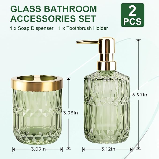 Glass Bathroom Accessories Set, 2PCS Clear Glass Bathroom Accessory, Toothbrush Holder and Soap Dispenser Set for Modern Bathroom Decor(Green)