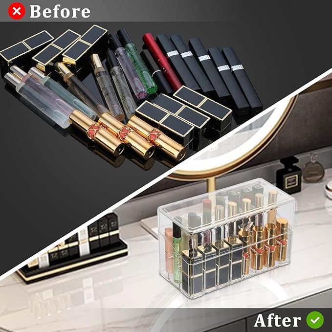 ELLDOO Rollerball Perfume Organizer, 24 Spaces Clear Acrylic Perfume Storage Holder Beauty Scent Holder, Makeup Lipgloss Lipstick Display Case with Lid