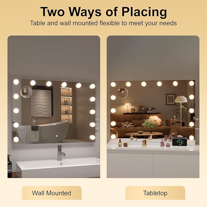 Hasipu Hollywood Vanity Mirror with Lights and Bluetooth Speaker, 29" x 20" Makeup Mirror with 14 Dimmable LED Bulbs 3 Color Modes, 5X Magnifying Glass, Touch Control, USB and Type-C, Tempered Glass