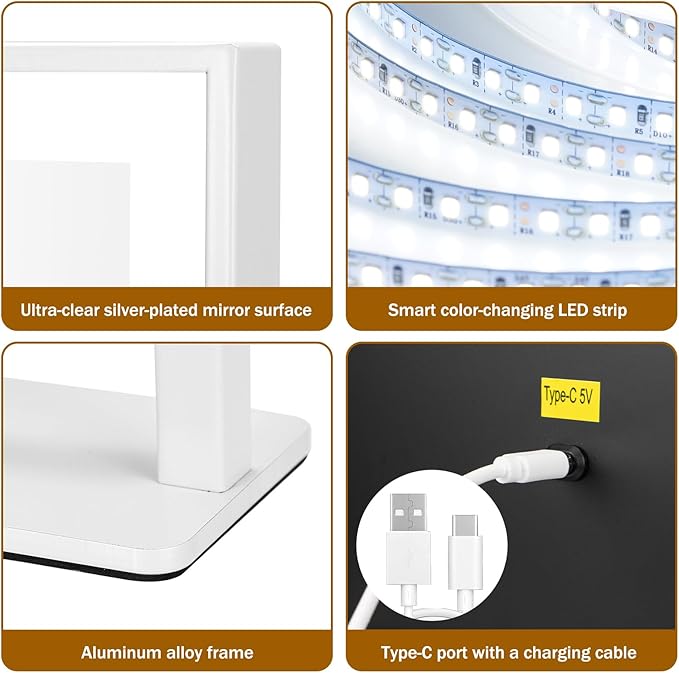 Vanity Mirror with Lights 16.5"x 14.5", LED Makeup Mirror, 3 Color Lighting Modes, 10X Magnification, Smart Touch Control, Dimmable, Aluminum Metal Frame, Lighted Up for Vanity Desk (White)