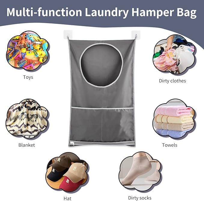 Hanging Laundry Hamper, Over The Door Laundry Hamper, Hanging Laundry Bag with Pockets Zipper Foldable Lightweight, for Rv Camper Apartment College Dorm Room Storage Small Space Organizer