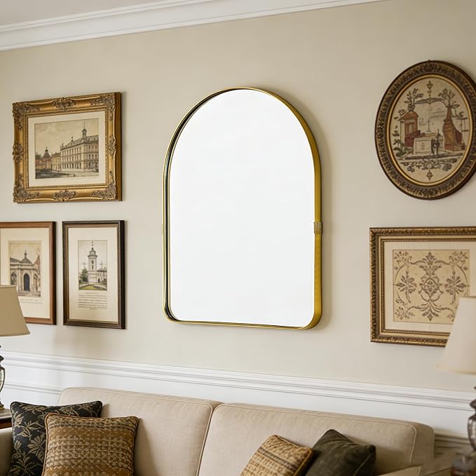 Funly mee Arched Wall Mirror, 15.8 x23.6 inches, Wall-Mounted Plastic Mirror, for Bathroom and Vanity (Gold)