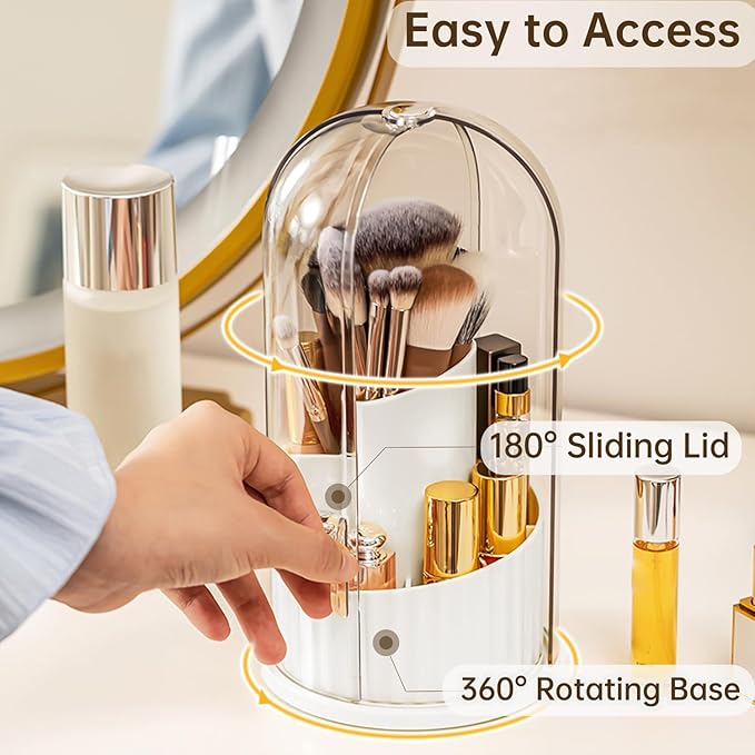 Makeup Brush Holder Organizer with Lid, 360 Rotating Dustproof Transparent Makeup Brushes Organizer for Vanity Dresser Bathroom Countertop(White with Clear Cover)