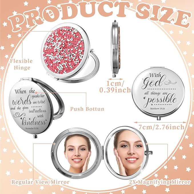 Thyle 12 Pcs Christian Compact Mirror Gifts for Women Mother's Day Nurse Week Bible Verse Wallet Mirror Bulk Hand Makeup Compact Religious Baptism for Holy Communion Teacher(Same,Pink)