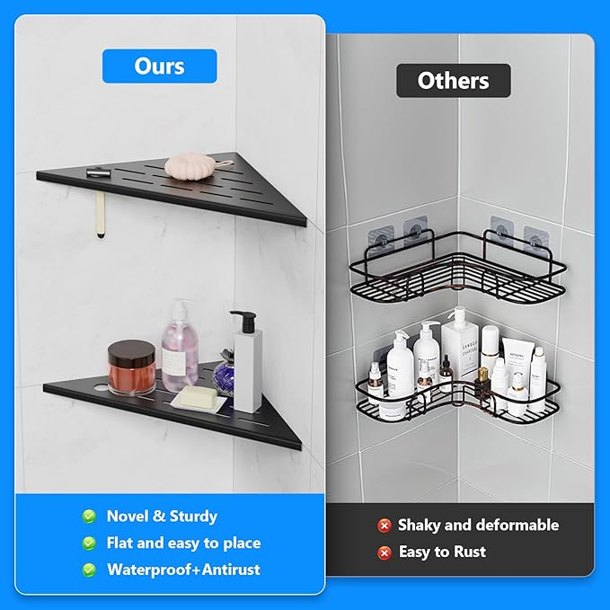 Shower Shelves 2 Pack, Corner Shower Shelf, 304 Stainless Steel Shower Caddy with Razor Hole, Shower Shelf for Inside Shower, Modern Sturdy Shelves for Tile Walls,10" Black Corner Shelf for Bathroom