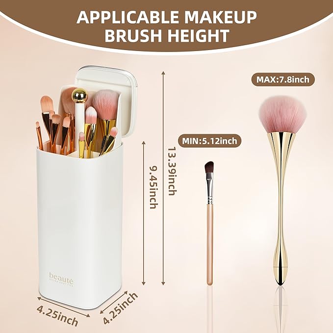 Makeup Brush Holder with Lid, Automatic Lifting Waterproof Dustproof Makeup Brushes Organizer for Vanity Desktop Bathroom Countertop(White)