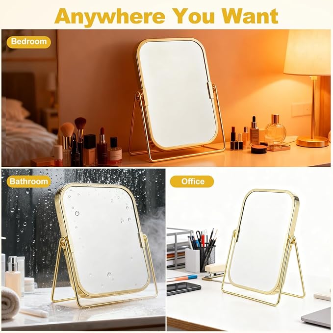 Mipcase Double-Sided Makeup Mirror with Stand: 360 Degree Swivel Tabletop Vanity Mirror with 1X / 2X Magnification for Dressing Table Bedroom Bathroom, 7.86X6.09X1.18in