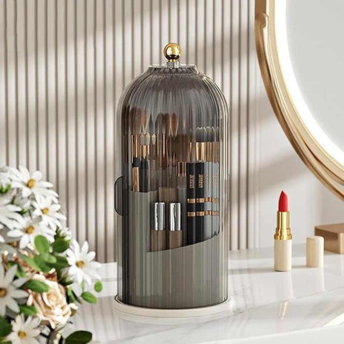 Multi-function Rotating Bird Cage Toiletries Storage Rack ?€? Makeup Organizer, Brush Holder | Transparent Dust-proof Box, 360 Rotating Design for Dressing Tables, Desktops, Bathroom Countertops